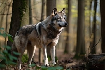 Naklejka na ściany i meble In the forest, there is a gray wolf. Generative AI
