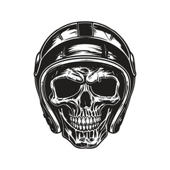 skull biker wearing helmet, logo concept black and white color, hand drawn illustration