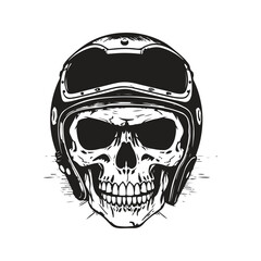 skull biker with retro helmet, logo concept black and white color, hand drawn illustration