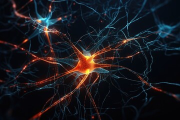 vibrant network of glowing orange and blue lights in abstract formation. Generative AI