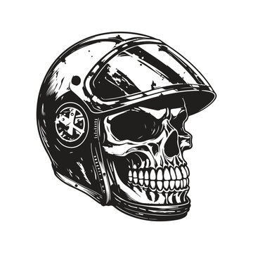 skull biker with retro helmet, logo concept black and white color, hand drawn illustration