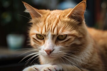 Close up of a ginger cat being petted outside. Generative AI