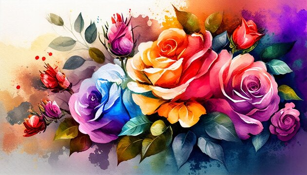 Bouquet of roses beautiful flowers bright colors. Watercolor,Generative AI