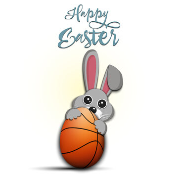 Easter. Rabbit with egg shaped basketball ball