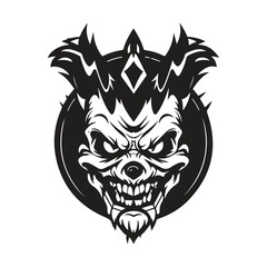 skull clown, logo concept black and white color, hand drawn illustration
