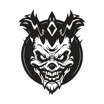 skull clown, logo concept black and white color, hand drawn illustration