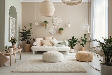 modern interior design in a room of a home. Modern and stylish scandinavian room with white furniture, plant, and lamp. Room of a freelancer with cozy decor. Generative AI