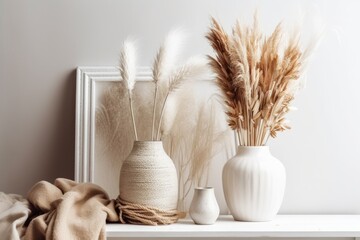 Vase with decorative pampas grass near white wall. Minimalist interiors Eco boho. cotton on white. Boho banners and ads for macrame and handicrafts. Generative AI