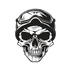 skull with military helmet, logo concept black and white color, hand drawn illustration