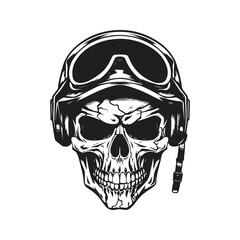 skull with military helmet, logo concept black and white color, hand drawn illustration