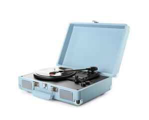 Record player with vinyl disk on white background