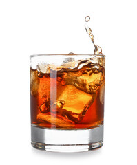 Glass of cold rum with splashes on white background