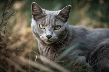 Naklejka na ściany i meble A gray cat sits in the grass. Generative AI