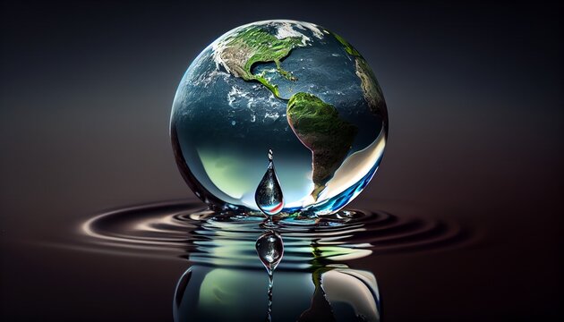 Water, planet and climate change with the earth in a puddle as a symbol of global warming or temperature shift.