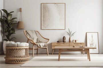 White living room wall. Scandi boho interior mockup. Free place to copy your photo, text, or design. Macrame, wooden console, armchair. Generative AI