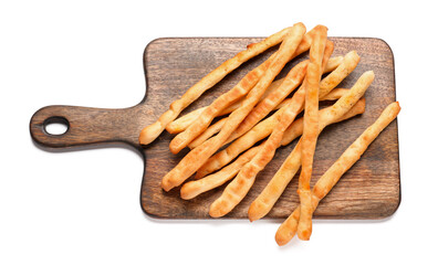 Wooden board with tasty Italian Grissini on white background