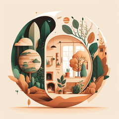 AI-generated paper cut style art of a landscape with trees and hills, a cropped rendering, digital craft art, a rounded autumn forest with room inside, layered conceptual illustration of earth colours