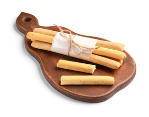 Wooden board with bunch of tasty Italian Grissini on white background