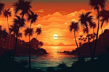 Plakat tropical sunset with silhouette palm trees. Generative AI