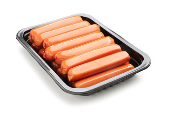 Packing box with tasty sausages on white background