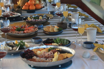 Dining table located on a cruise ship Tourist boats, seafood, drinks