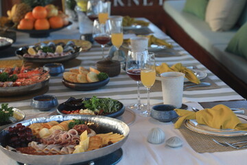 Dining table located on a cruise ship Tourist boats, seafood, drinks