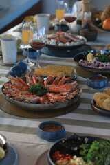 Dining table located on a cruise ship Tourist boats, seafood, drinks