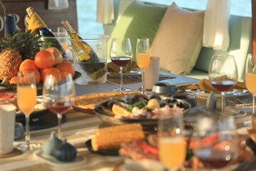 Dining table located on a cruise ship Tourist boats, seafood, drinks