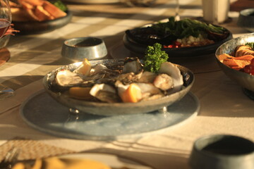 Dining table located on a cruise ship Tourist boats, seafood, drinks