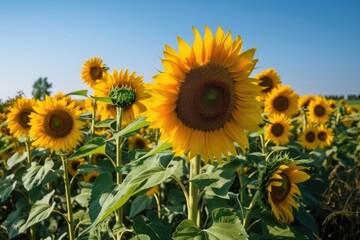 stunning sunflower field with a clear blue sky in the backdrop. Generative AI