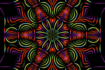 Beautiful caleidoscope symmetrical colourful gradient flowers line art of traditional background batik dayak ornament design template elements