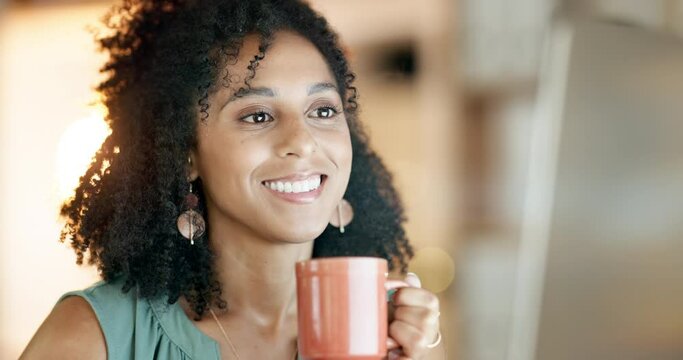 Night business, drinking coffee and happy woman on computer, reading online report and planning project. Female employee smile with cup of tea, overtime and desktop technology to review research data