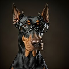 Cute Dobermann dog wearing glasses. Generative AI