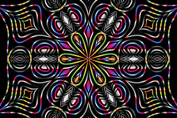 Beautiful caleidoscope symmetrical colourful gradient flowers line art of traditional background batik dayak ornament design template elements