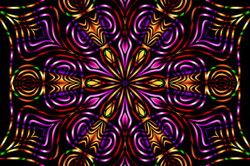 Beautiful caleidoscope symmetrical colourful gradient flowers line art of traditional background batik dayak ornament design template elements