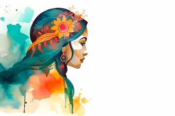 beautiful young indian woman meditating profile view, colorful watercolor banner with space for text