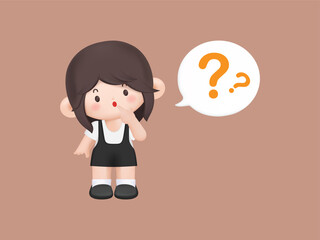 3D cartoon character. Choice concept, woman thinking, with question mark. Vector illustration character design.