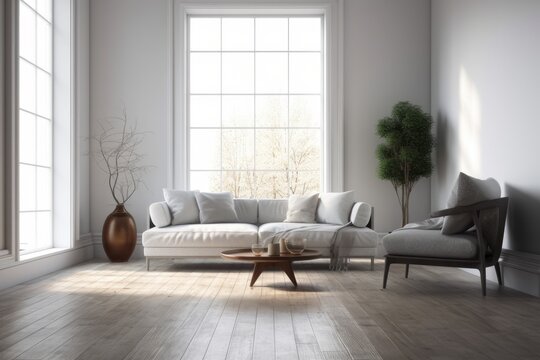modern living room with a white sofa and a coffee table. Generative AI