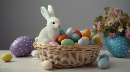 Cute easter bunny with eggs in a basket celebration spring easter eggs background