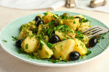 Plate of tasty Potato Salad with vegetables on light background, closeup
