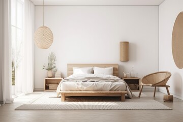 House interior backdrop, warm white bedroom with brilliant furnishings natural wooden tables, contemporary style,. Generative AI - obrazy, fototapety, plakaty