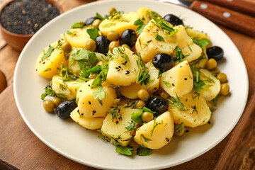 Plate of tasty Potato Salad with vegetables on table, closeup