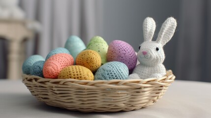 Fototapeta na wymiar Knitted easter eggs bunny background happy easter spring April wallpaper celebration festivity