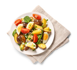 Plate of tasty potato salad with eggs and tomatoes on white background, top view
