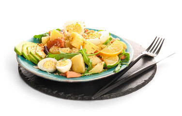 Plate of tasty potato salad with eggs and avocado isolated on white