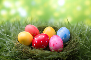 Fototapeta na wymiar Caption a group of colorful easter eggs in a grass nest 