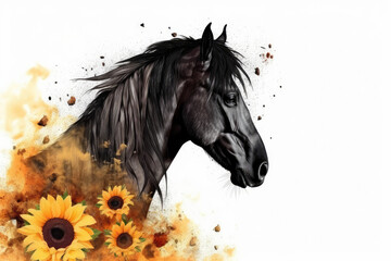 horse with sunflower on white background- made with generative ai