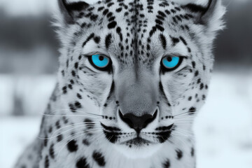 snow leopard portrait black and white with blue eyes- made with generative ai