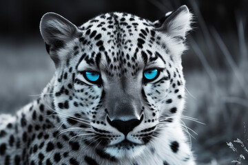 Fototapeta premium portrait of a black and white leopard with blue eyes- made with generative ai