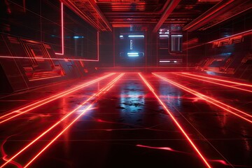 Illustration of Red Neon Laser Beam Electric Glow Technology in a Science Fiction Film. Generative AI